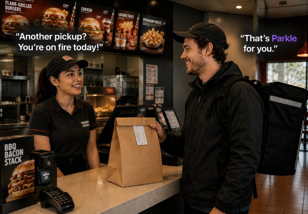 A Hungry Jack's worker tells a delivery driver he is on fire with pickups today, and the driver says that is Parkle for you