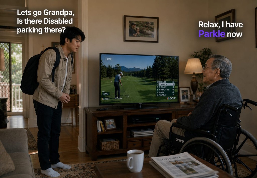 A grandson and grandfather in a wheelchair, the grandson asks about disabled parking and the grandfather reassures him that they have Parkle